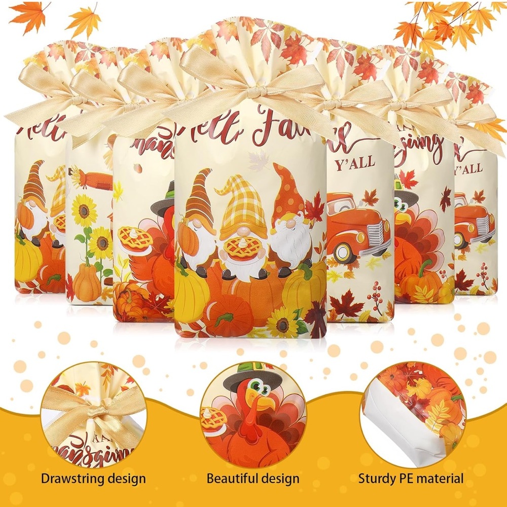 50 Thanksgiving Autumn Party Favor Bags Plastic with Drawstring - Picture 4 of 4